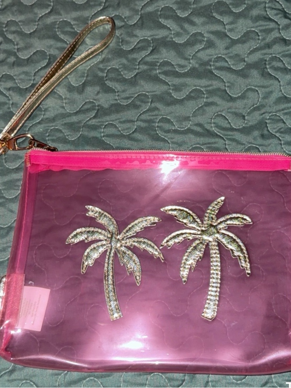 Lilly Pulitzer Pink Clear Wristlet Clutch with Gold Palm Tree Appliqués